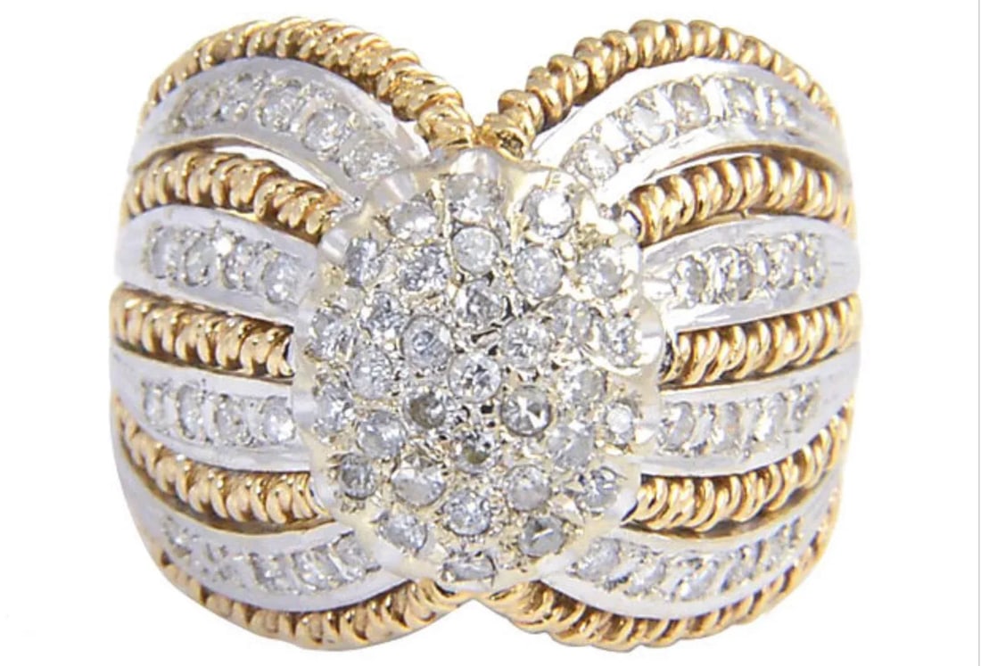 1970s Diamond White and Twisted Yellow Gold Dome Ring size 6.25 - 7