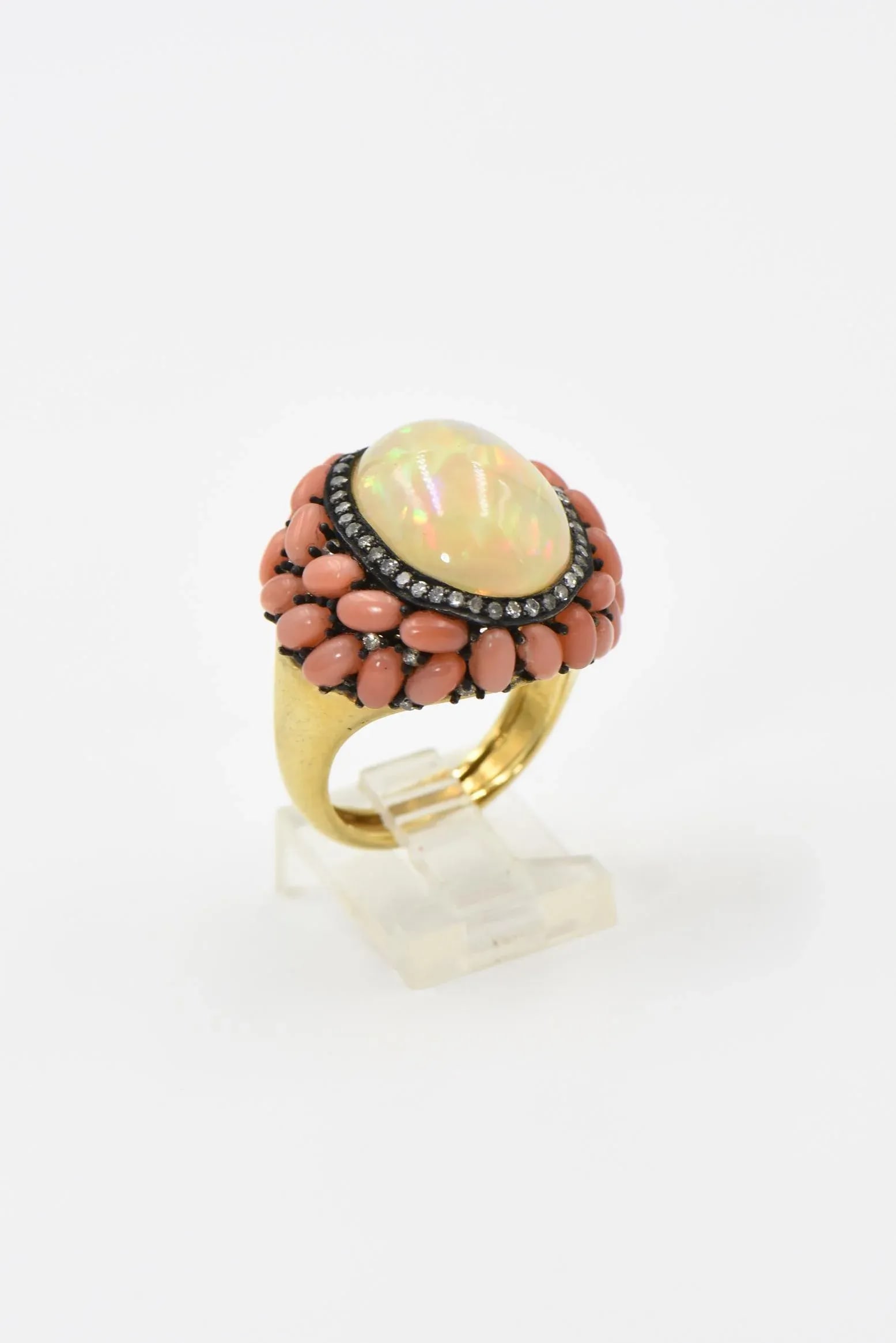 Opal Coral and Diamond Cocktail Ring size 9 - 2