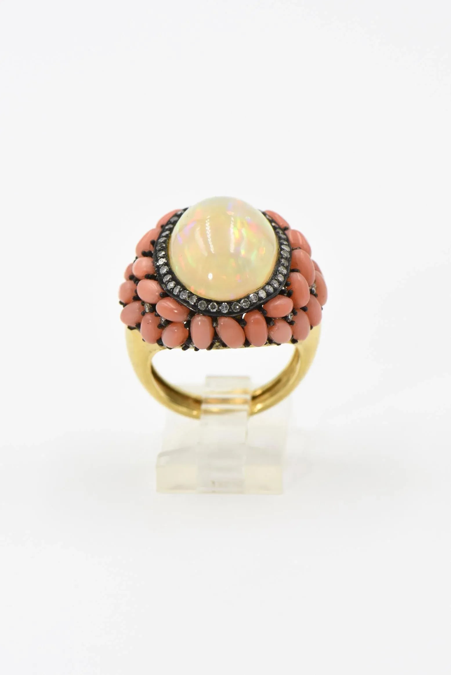 Opal Coral and Diamond Cocktail Ring size 9 - 3