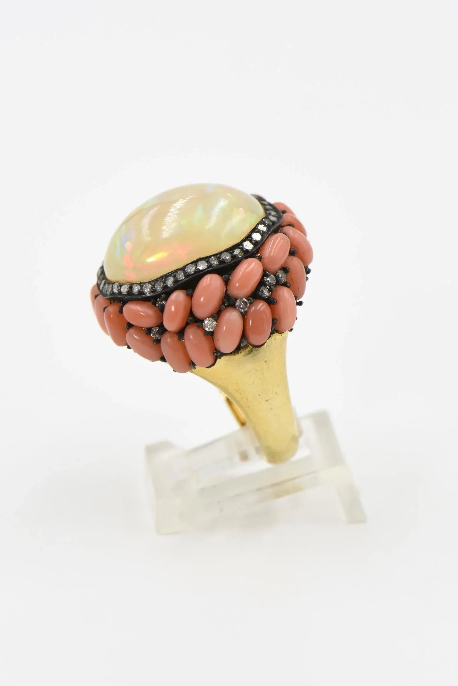 Opal Coral and Diamond Cocktail Ring size 9 - 4