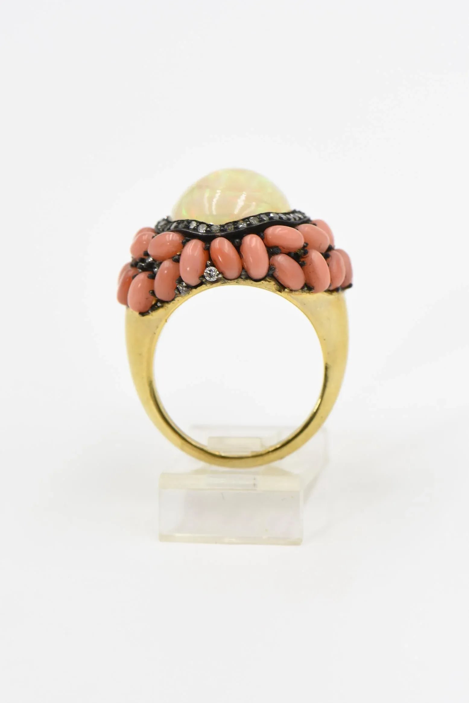 Opal Coral and Diamond Cocktail Ring size 9 - 5