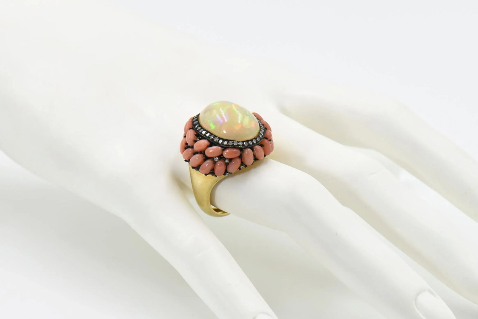 Opal Coral and Diamond Cocktail Ring size 9 - 7