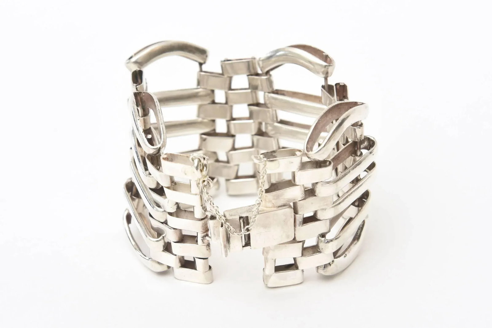 Vintage Sterling Silver Modernist Sculptural Link Cuff Bracelet Hallmarked - 3