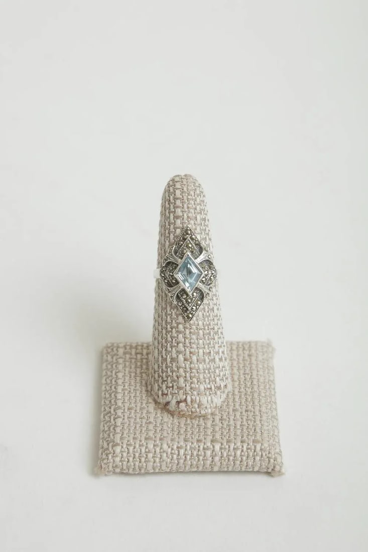 Vintage Art Deco Sterling Silver Blue Topaz and Marquisette Art Deco Ring, Size 8 - 6