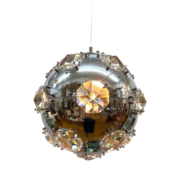 Italian 1970s Chrome Globe & Crystal Pendant Light Manner of Oscar Torlasco: A very cool and chic 1970s Italian chrome and crystal pendant light in the manner of designer Oscar Torlasco. The 10 inch diameter chrome globe is mounted with 8 sided faceted cut crystals approximate