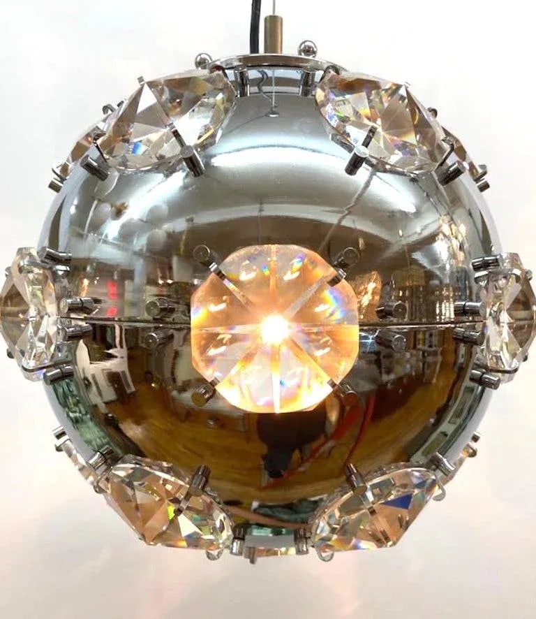 Italian 1970s Chrome Globe & Crystal Pendant Light Manner of Oscar Torlasco - 2