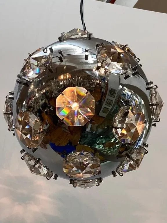 Italian 1970s Chrome Globe & Crystal Pendant Light Manner of Oscar Torlasco - 3