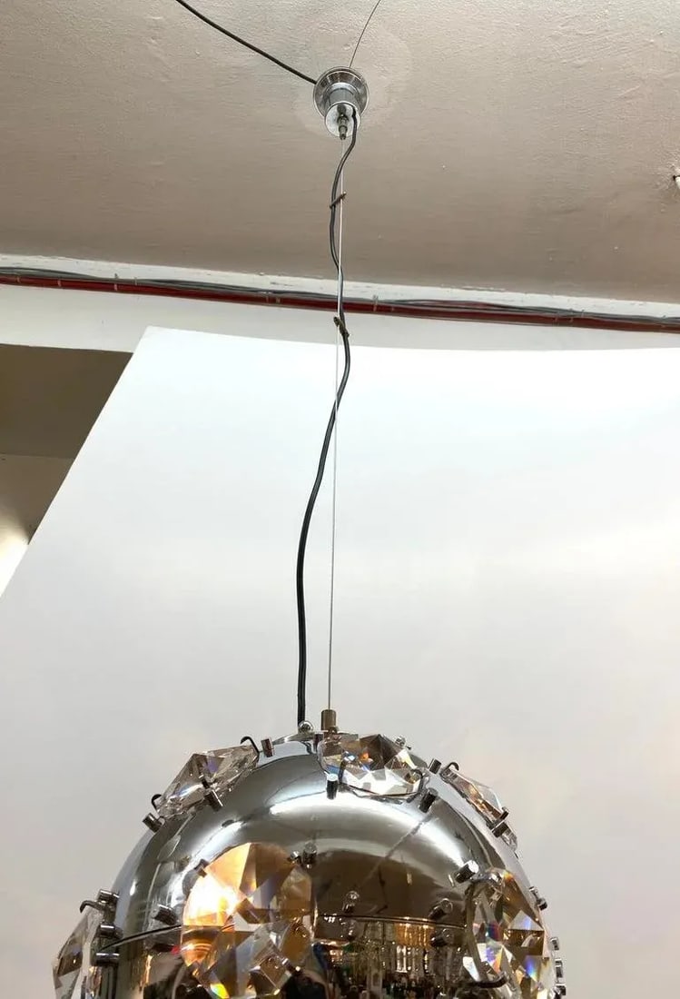 Italian 1970s Chrome Globe & Crystal Pendant Light Manner of Oscar Torlasco - 5