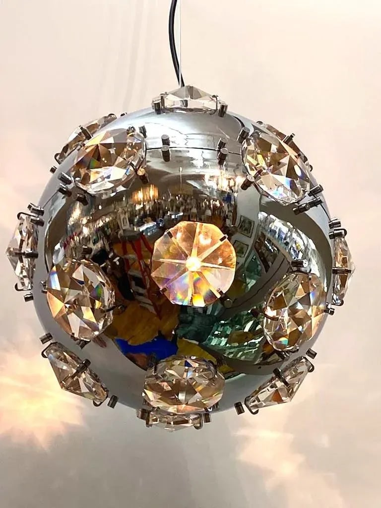 Italian 1970s Chrome Globe & Crystal Pendant Light Manner of Oscar Torlasco - 8