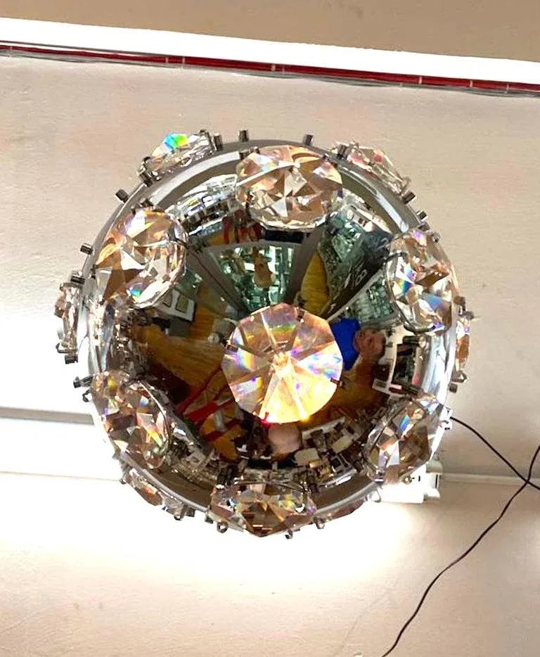 Italian 1970s Chrome Globe & Crystal Pendant Light Manner of Oscar Torlasco - 9