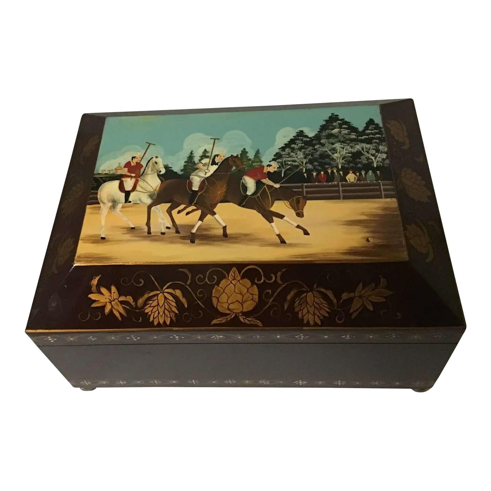 Mid 20th Century Ralph Lauren Style Polo Match Wood Box: Ralph Lauren Style Wood Table Box Beautiful Motif of a Polo Scene with Men on Horses With great leaf and scroll design on signs Larger Box Brass hardware and feet Great statement piece for the table