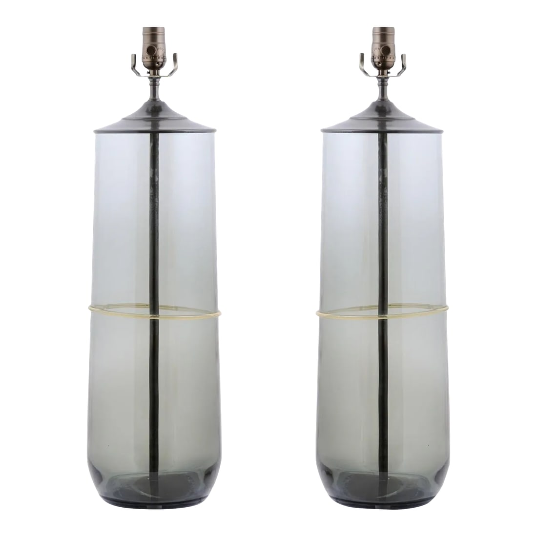 Pair of Large Contemporary Smoke Art Glass Lamps: Polish blown art glass forms in a smoke finish are custom made into lamps in our workshop. Using solid brass hardware hand burnished to an oil rubbed bronze. 7" acrylic bases - new electrical and wiri