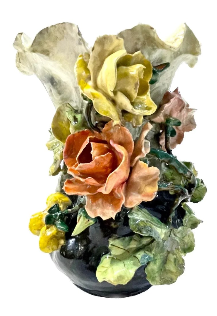 French Majolica Barbotine Floral Vase - 10
