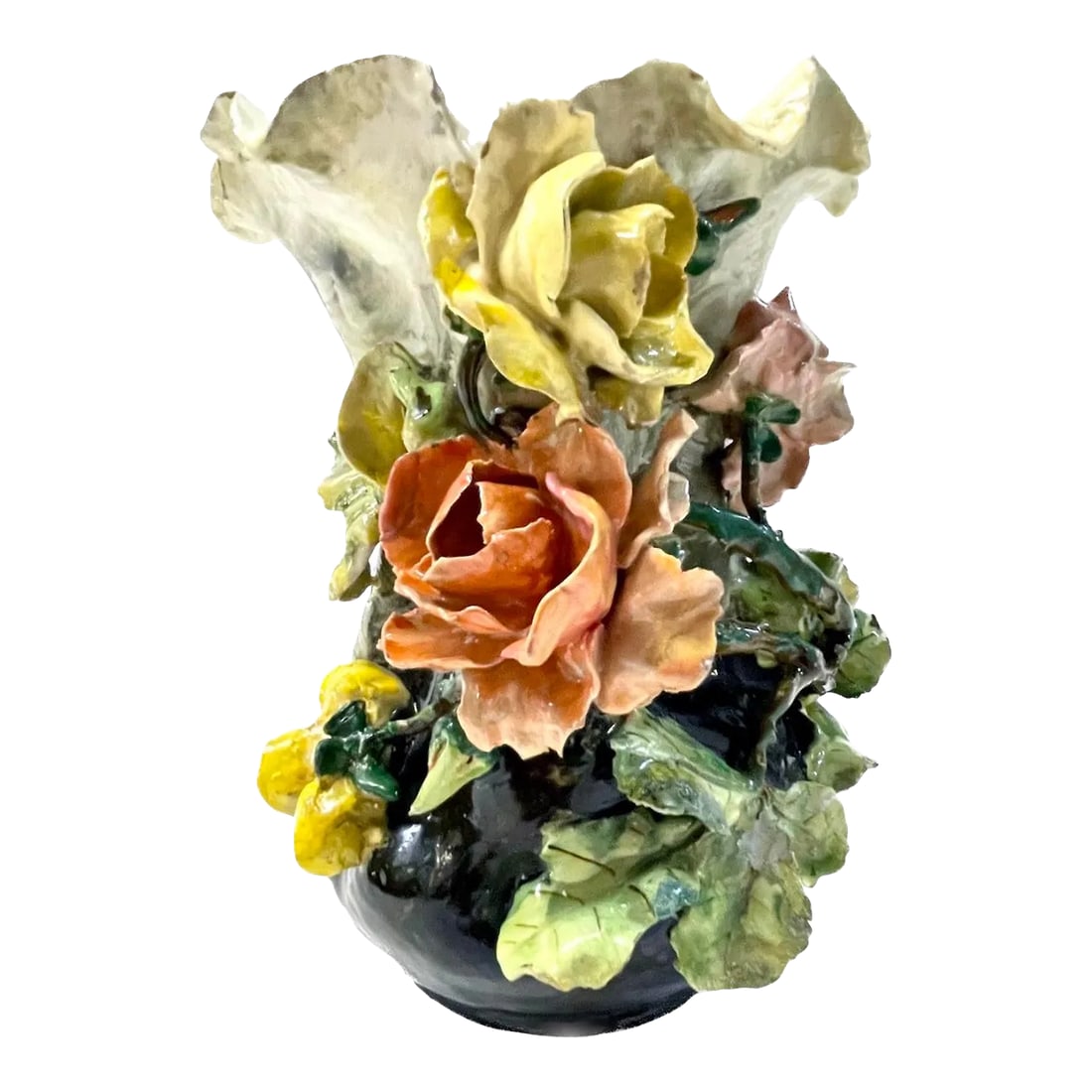 French Majolica Barbotine Floral Vase: Antique French Barbotine majolica floral cachepot/vase with hole at the underside for drainage. Depicts three dimensional roses in relief on a branch. Marked "404" on the underside. Condition: Alterat