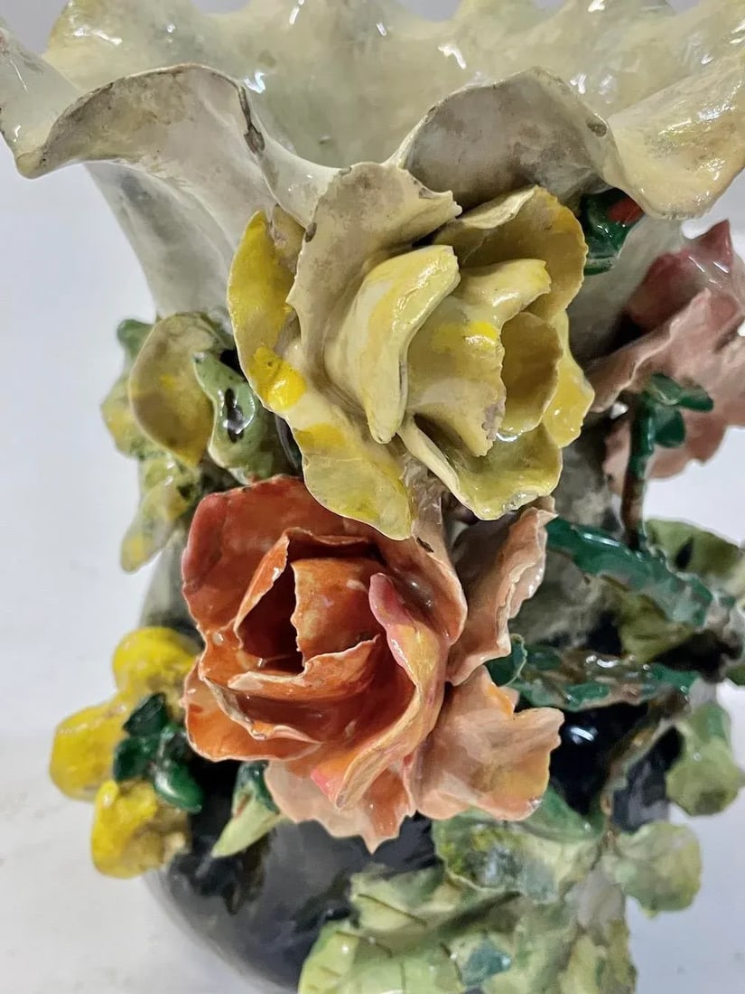 French Majolica Barbotine Floral Vase - 7