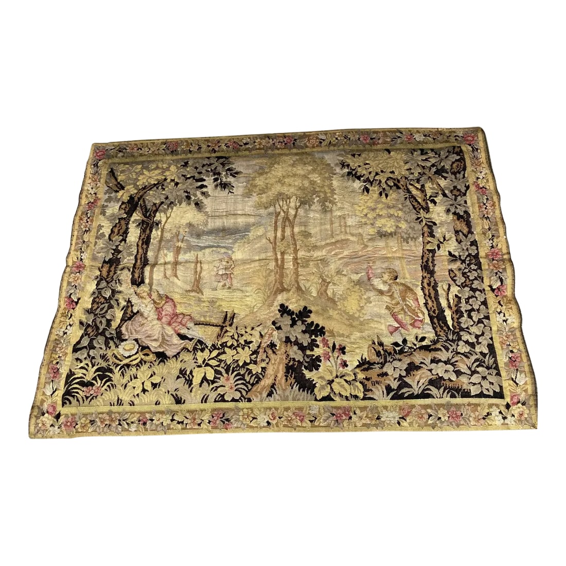 19th Century French Aubusson Tapestry: Early 20th Century French Tapestry.. the scene depict a scene galante in the garden with the beautiful decorated border. The size of 4ft 1 by 5 ft 9 inches. 49 inches by 69 inches Condition:
