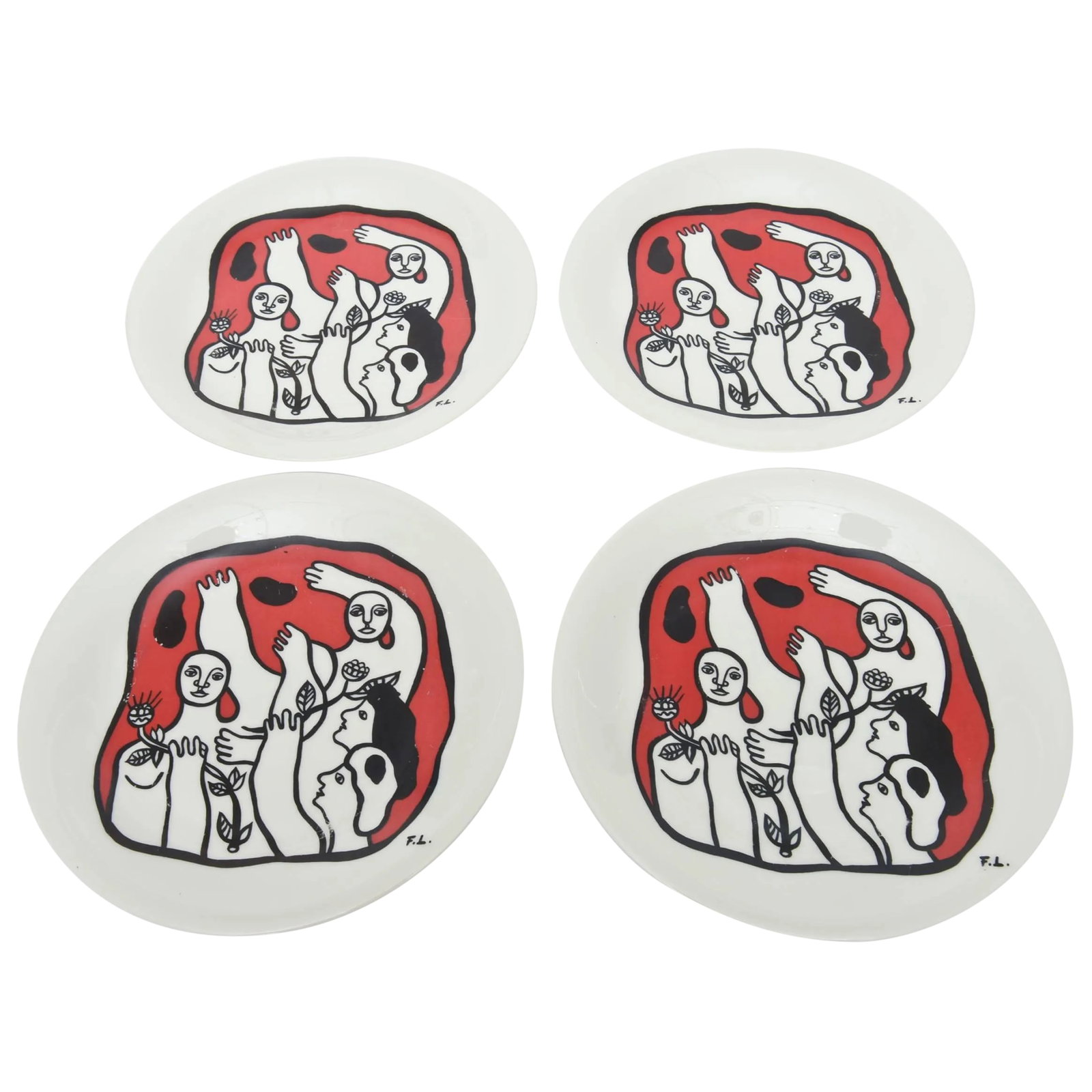 Vintage After Fernand Leger French Limoges Porcelain Plates - Set of Four Acrobat Series: This lovely set of vintage block transfer glazed porcelain Limoges France plates are initialed FL after Fernand Leger. They are hallmarked on the back Limoges France and are initialed S.C.P.L.P. Glaze