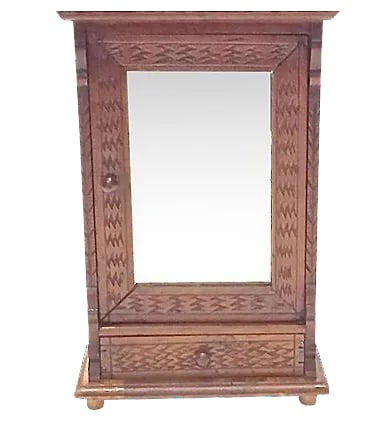 Antique Small Sample Armoire Jewelry Box: Antique; 1900-1910, English, miniature, armoire, jewelry box furniture Sample with hinged mirrored door and lower drawer. Arts and Crafts period hand-carved zigzag engraved surface pattern and design.