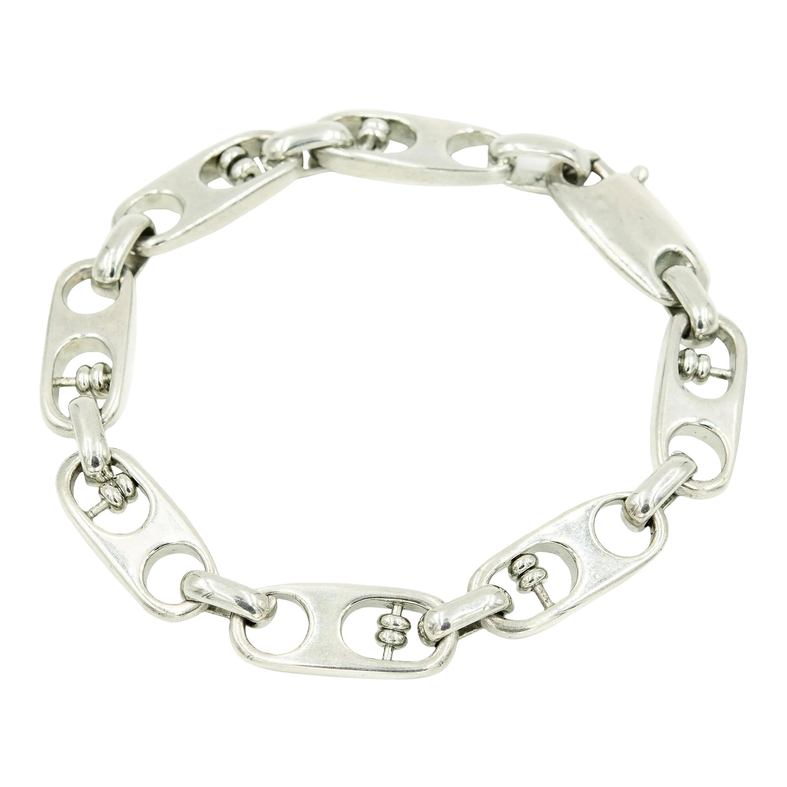 Modernist Abacus Sterling Silver Bracelet by O.P. Orlandini for Uno a Erre: Fun modernist sterling silver by Orlando Orlandini for Una A Erre Italy, it reminds me of an abacus. It is hallmarked O.P. Orlandini 925 Uno A Erre and with their trademark. Condition: Alterations: