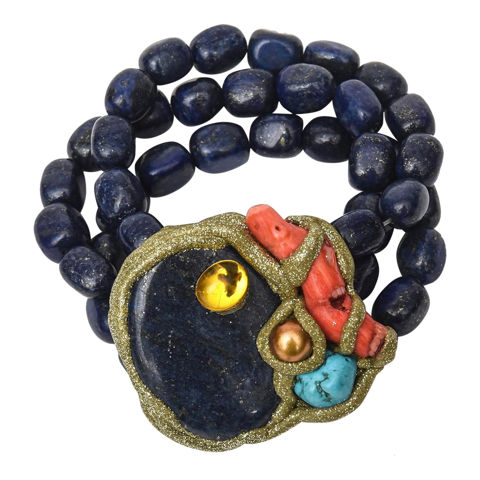 Vintage Hand Wrought Cuff Bracelet With Lapis Lazuli, Coral, Citrine, Turquoise & Copper: This is part of Chairish's Costume Jewelry assortment. This stunning vintage custom one of kind cuff bracelet has components of Lapis Lazuli beads connected as the flex band of 3 stands and a large me