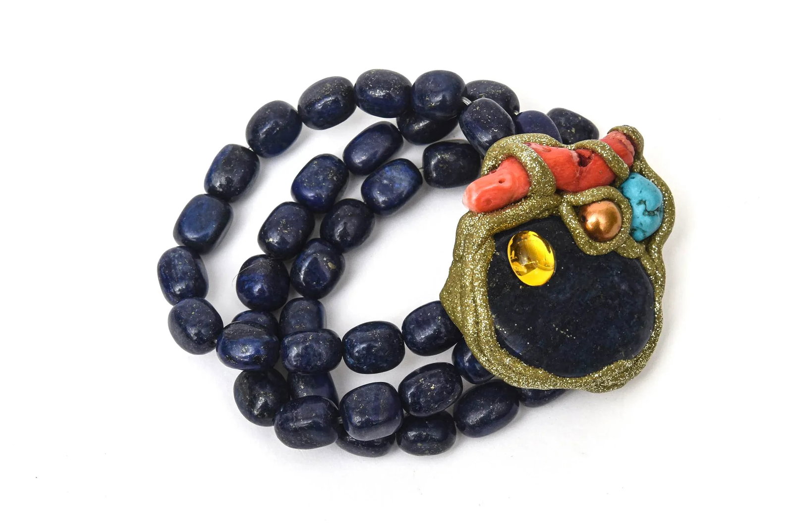 Vintage Hand Wrought Cuff Bracelet With Lapis Lazuli, Coral, Citrine, Turquoise & Copper - 2