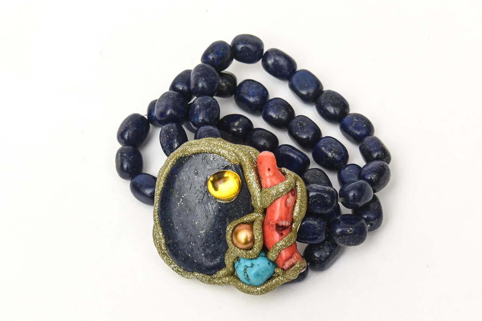 Vintage Hand Wrought Cuff Bracelet With Lapis Lazuli, Coral, Citrine, Turquoise & Copper - 3