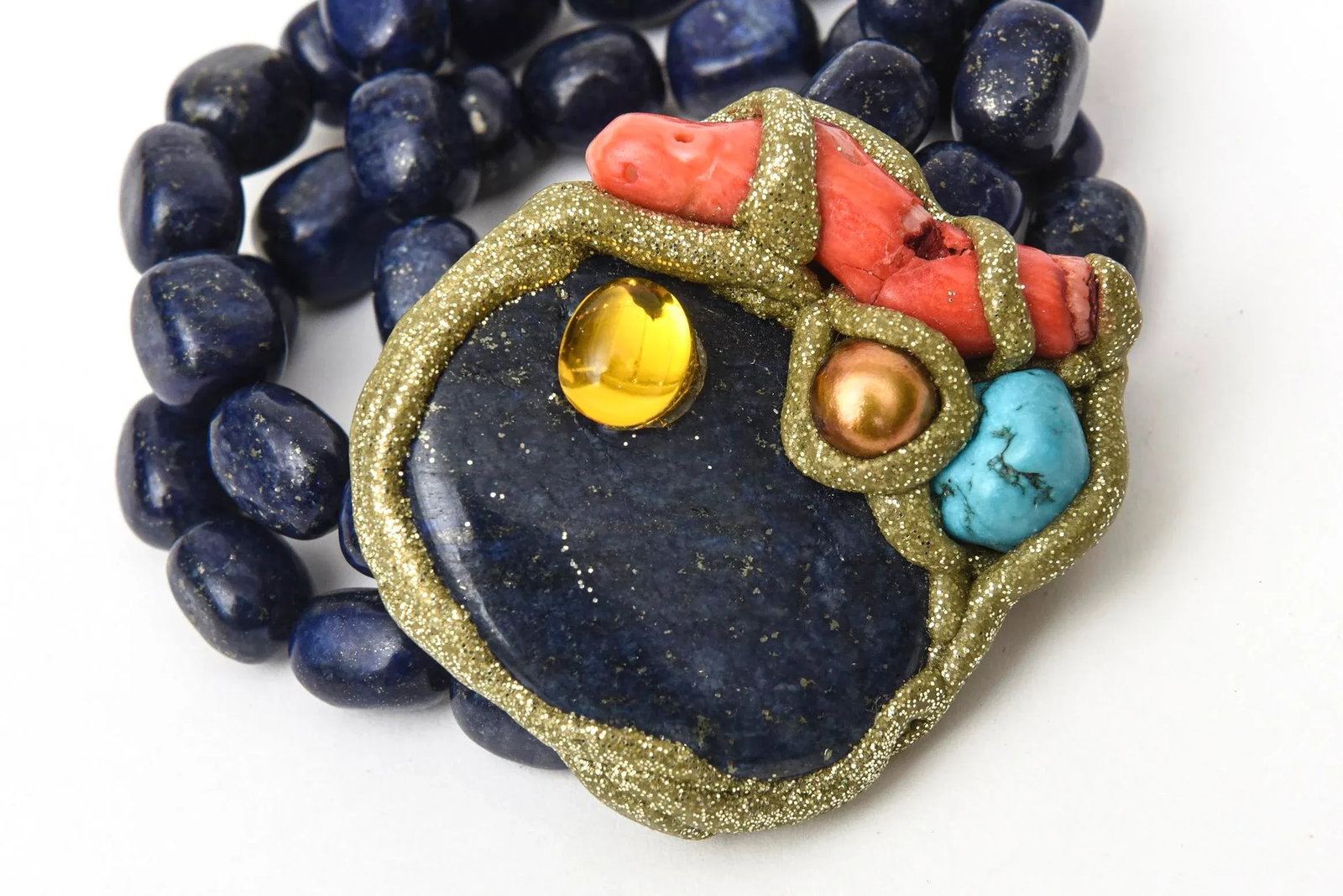 Vintage Hand Wrought Cuff Bracelet With Lapis Lazuli, Coral, Citrine, Turquoise & Copper - 4