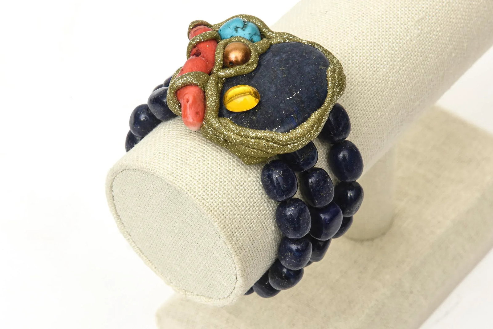 Vintage Hand Wrought Cuff Bracelet With Lapis Lazuli, Coral, Citrine, Turquoise & Copper - 6