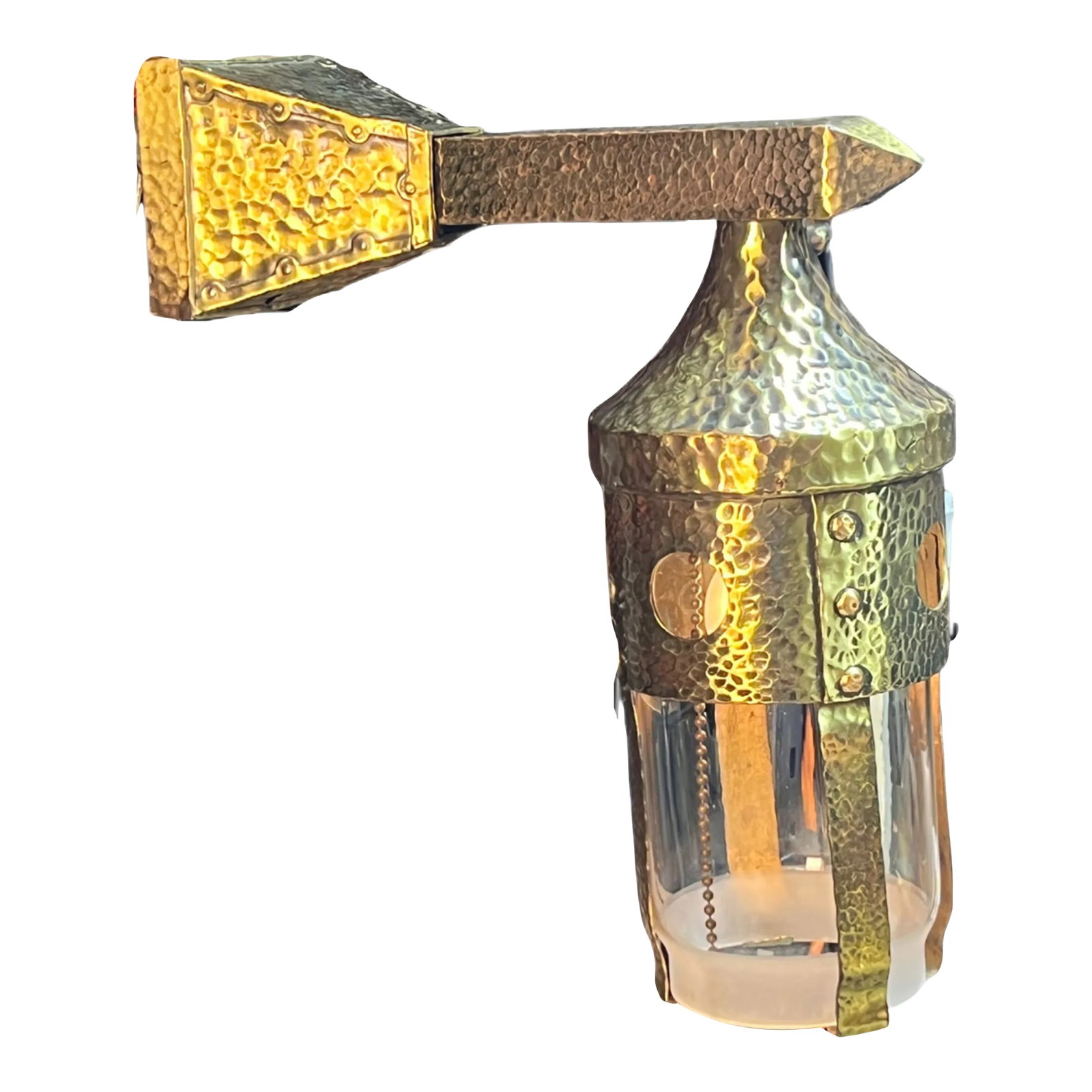 1900s Hammered Brass Arts and Crafts Sconce With Clear Glass Shade #2352: Love the oddity of this unusual sconce with hammered texture overall. Notice the lanterns round openings and rivets. The hammered canopy is 3" square (so won't cover a modern junction box). This comes