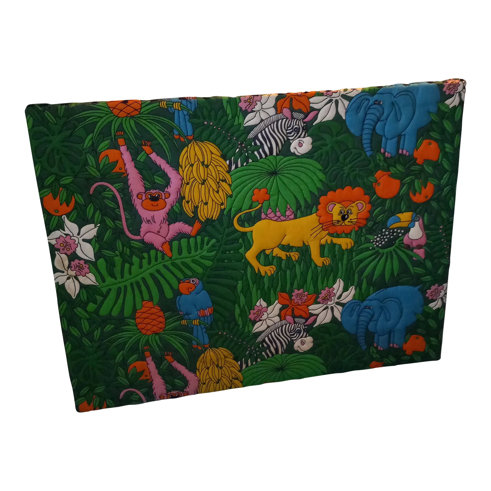 1990s Raised Embossed African Animals Noah's Ark Framed Tapestry: Wonderful Raised Embossed Framed (on stretcher strips) Tapestry of a colorful rendition of Noah's Ark African Animals. Monkeys, Elephants, Zebras, Lions, Toucans, Bananas, Pineapples, Jungle trees,