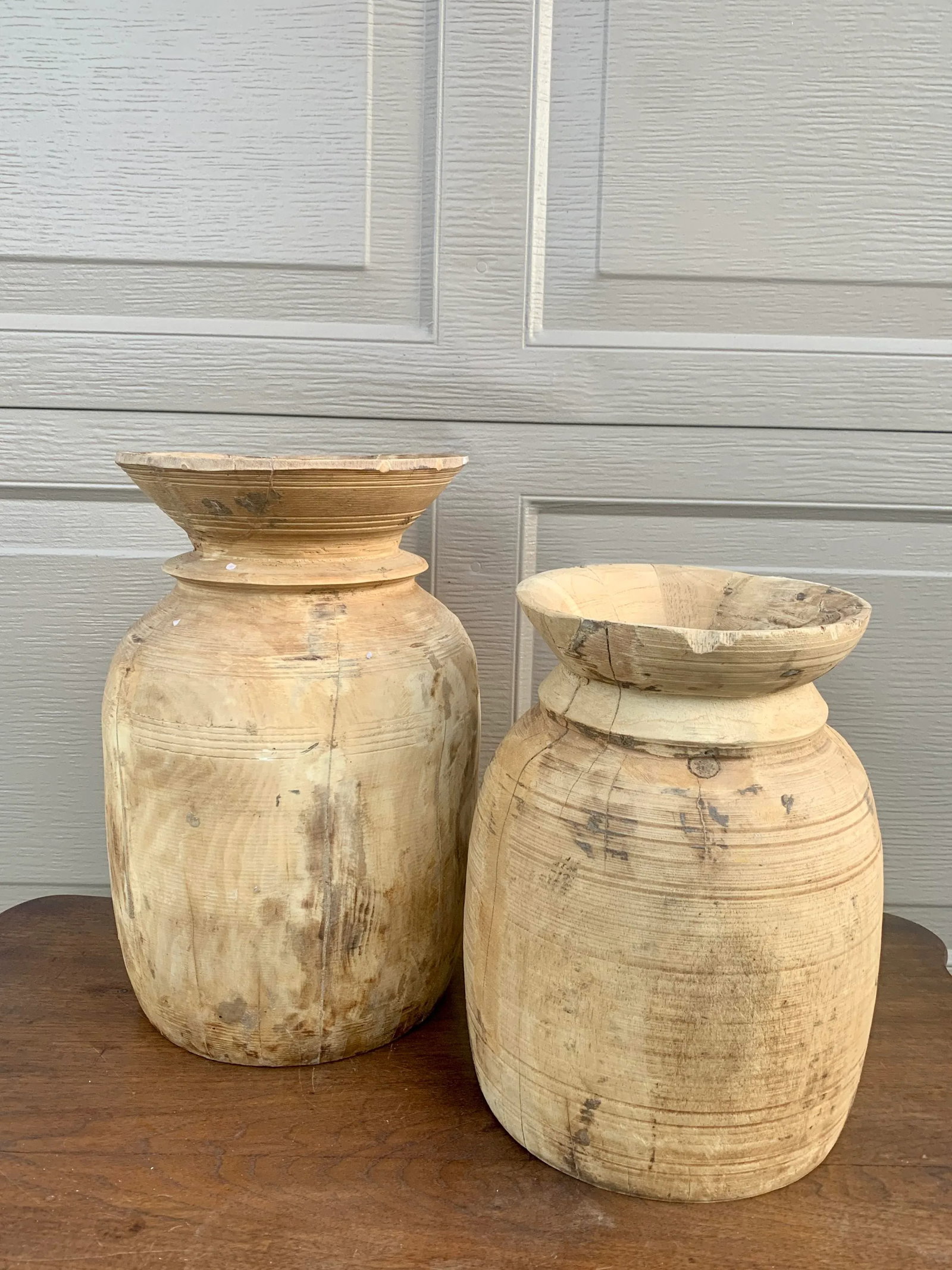 Set of 3 Antique Hand-Turned Bleached Wood Vessels - 10