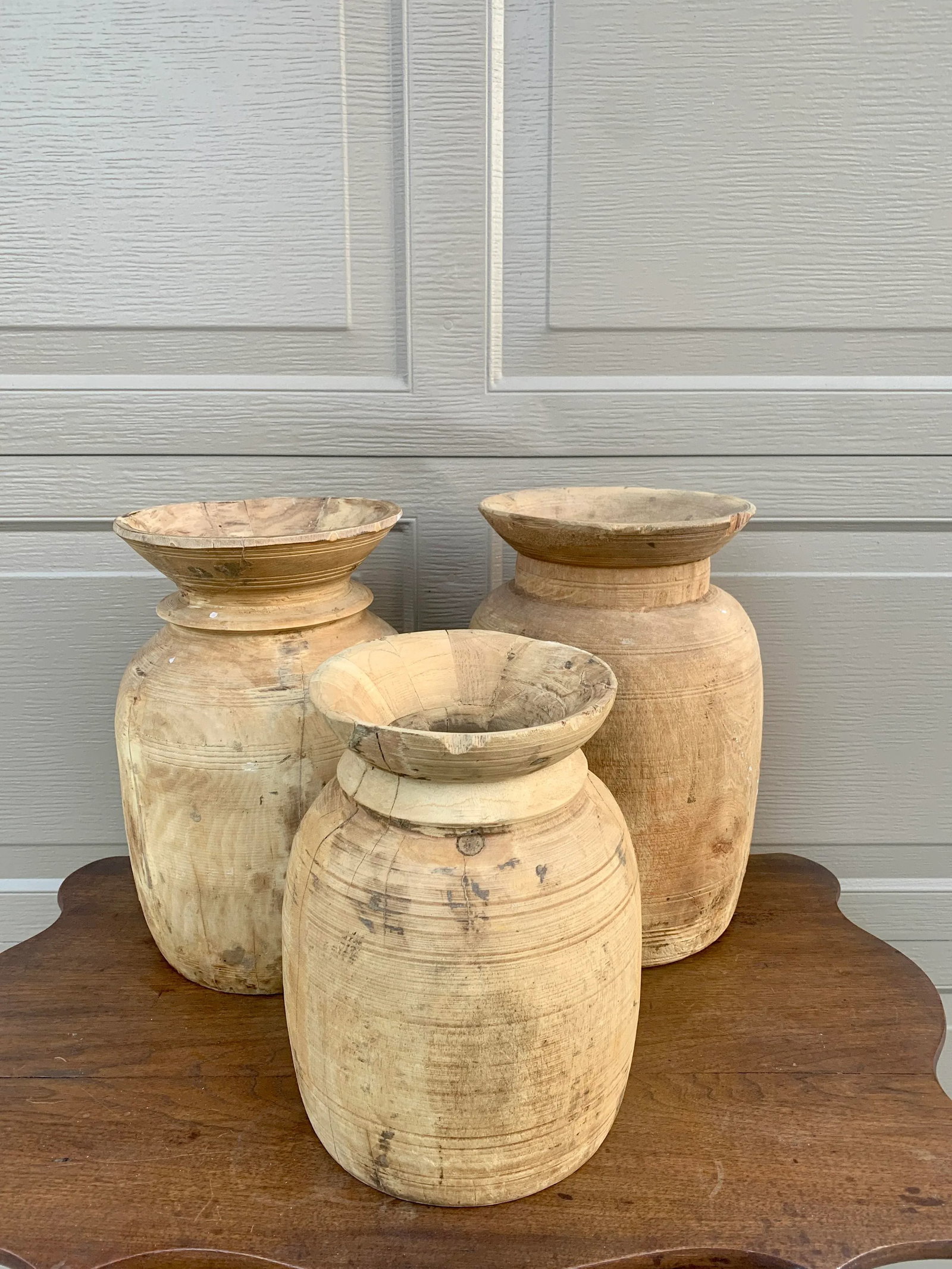 Set of 3 Antique Hand-Turned Bleached Wood Vessels - 11