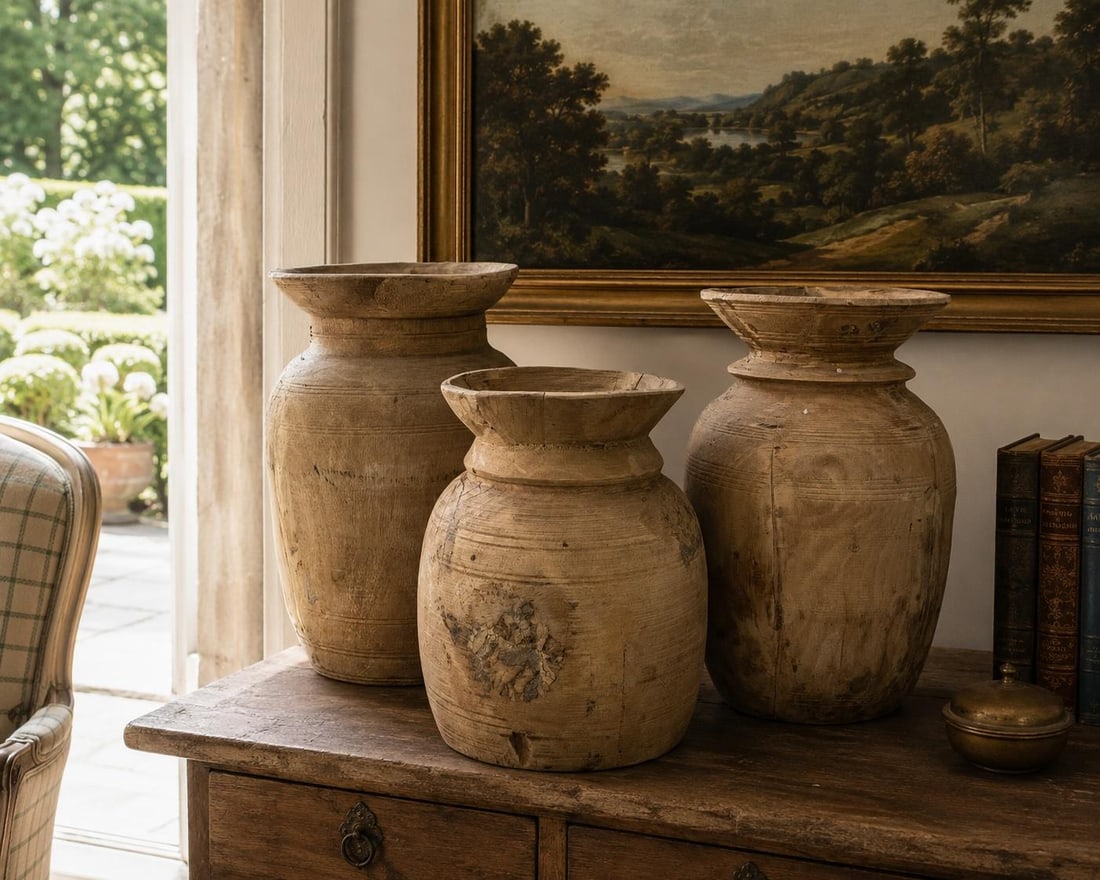 Set of 3 Antique Hand-Turned Bleached Wood Vessels - 2