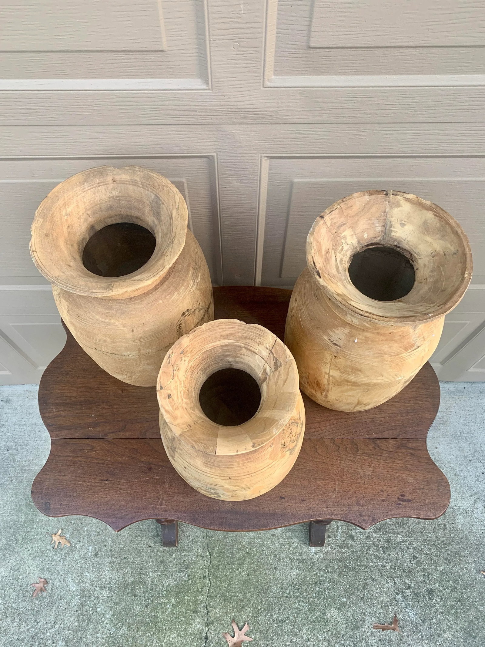 Set of 3 Antique Hand-Turned Bleached Wood Vessels - 3