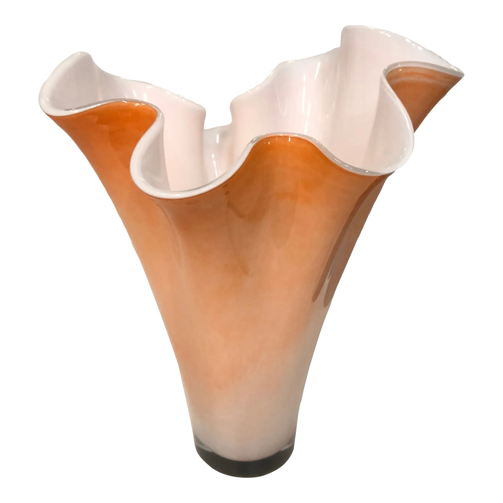 Large Orange Handkerchief Vase | White Cased Glass Murano: Mid-Century vintage large orange Fazzoletto or handkerchief vase, encased in white glass .Vase is beautiful - a great piece for any home or office needing a touch of bright, pastel orange fuschia colo