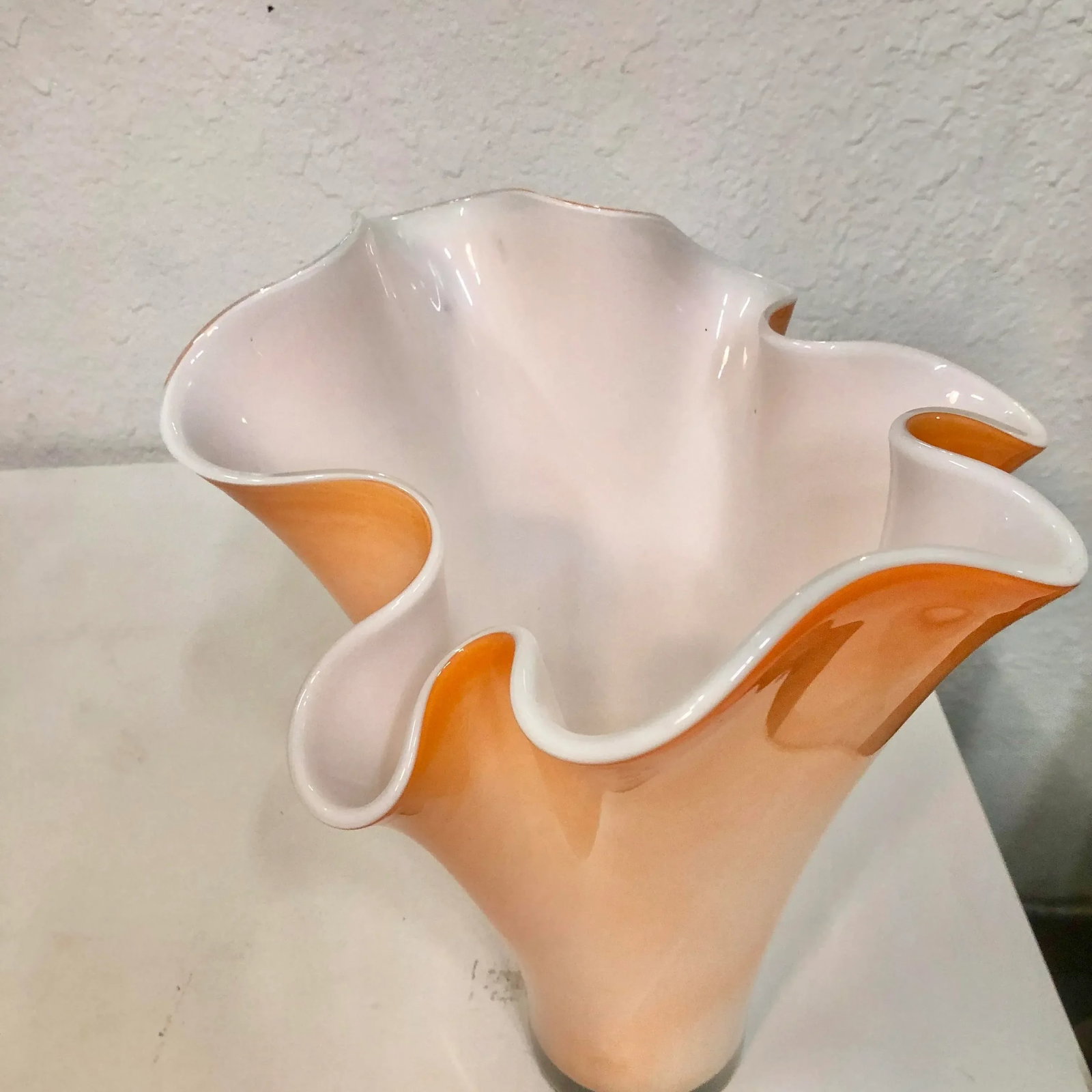 Large Orange Handkerchief Vase | White Cased Glass Murano - 5