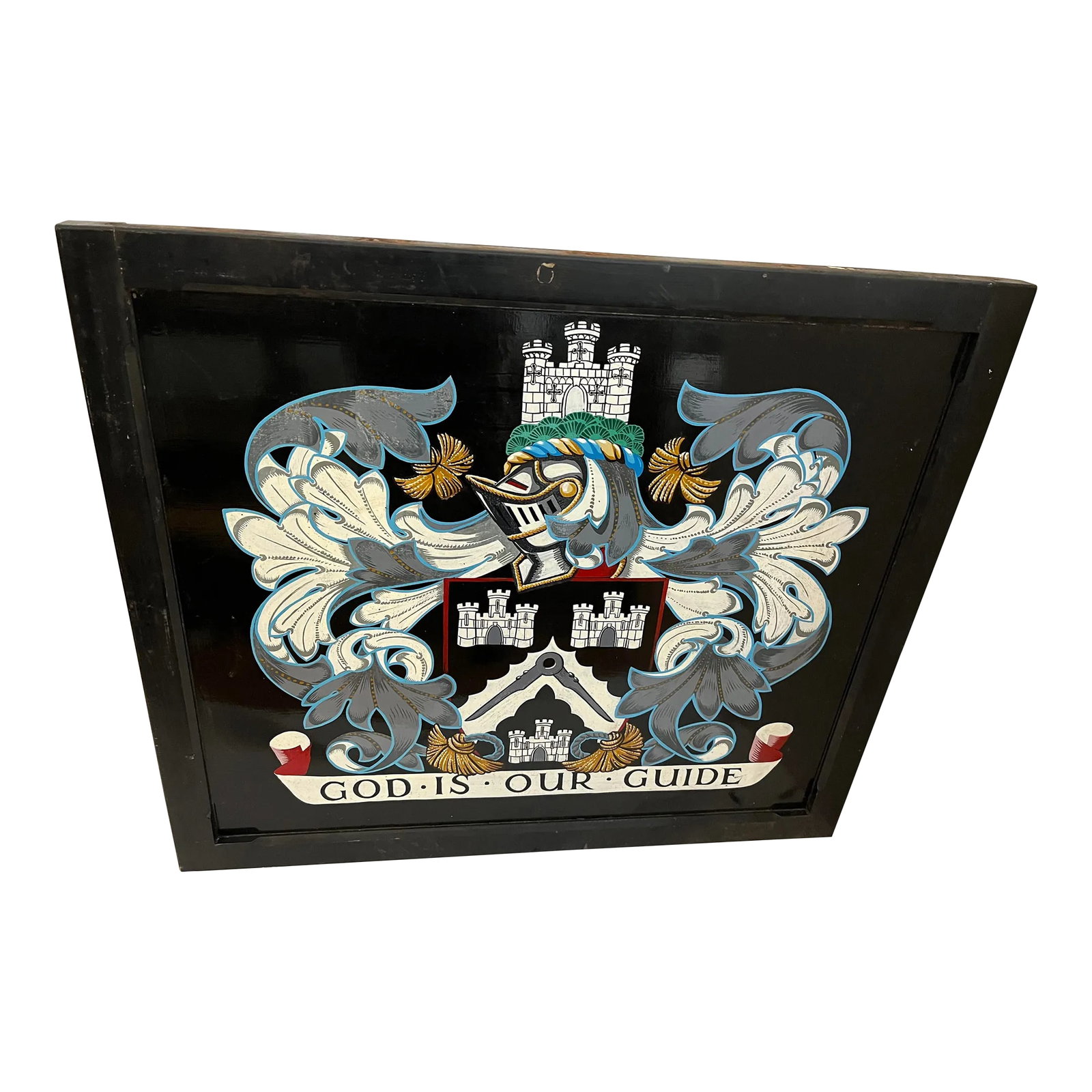 Vintage Double Sided Masonic English Pub Sign on Wood God Is Our Guide Medieval Motif: Double sided English Pub Sign on Wood with Medieval theme God Is Our Guide. Great graphics and colors. Condition: Alterations: Original Condition Unaltered Imperfections: Some Imperfections Condition
