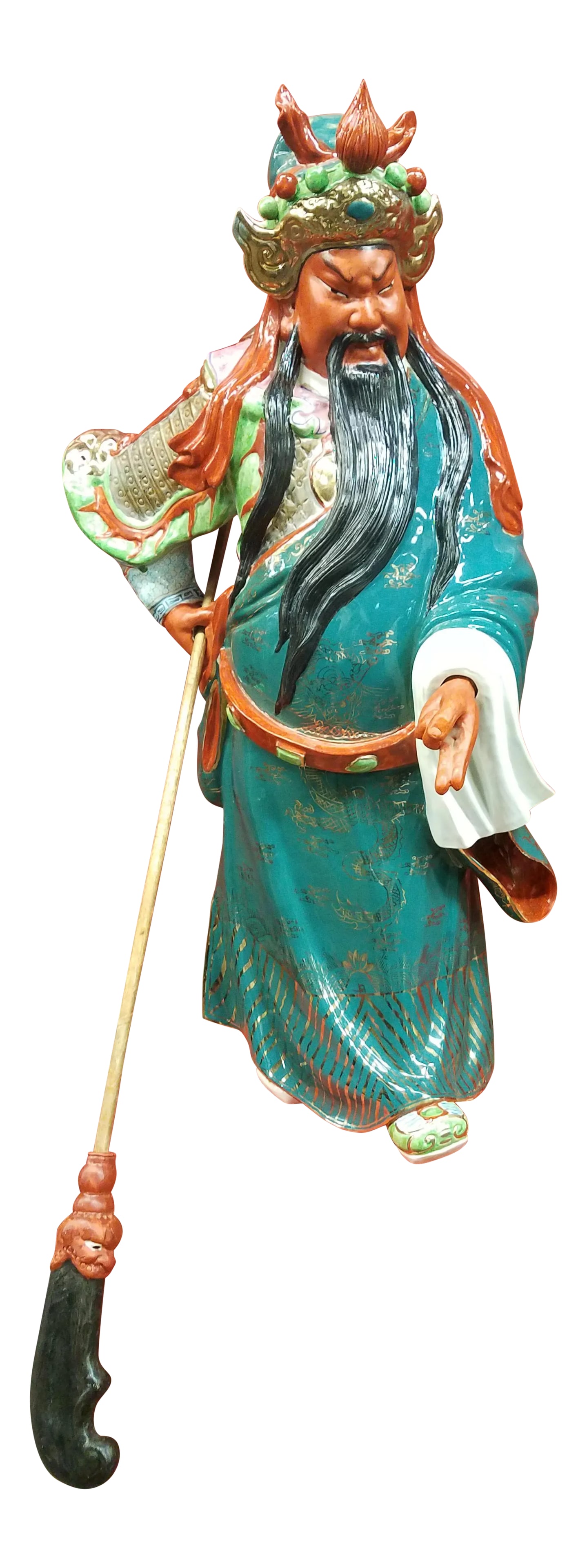 Mid-Century Chinese Porcelain Warrior Large Statue: Chinese 1960's Kwan Kung Guan Gong or Guan Yu Gong Warrior God Of War, Warrior of Peace Statue Figure. This large majestic statue was hand made by the artist and is marked on bottom. These are very