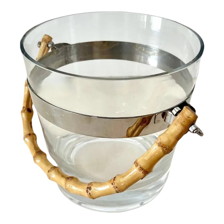 Glass Ice Bucket with Silver Stripe and Bamboo Handle in Style of Ralph Lauren: A sophisticated and elegant glass ice bucket with a silver stripe and bamboo handle. A compliment to many bar settings. The style is very indicative of Ralph Lauren and a lovely piece. Condition: