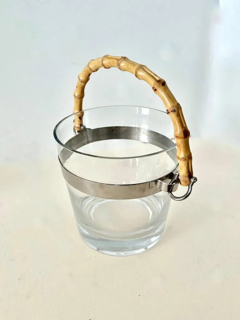 Glass Ice Bucket with Silver Stripe and Bamboo Handle in Style of Ralph Lauren - 2