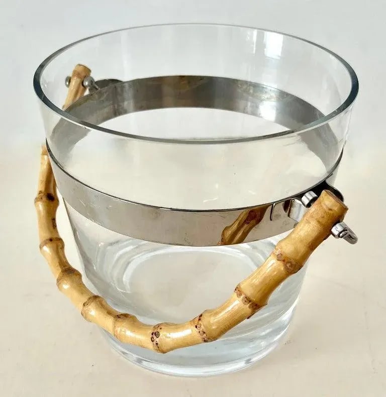 Glass Ice Bucket with Silver Stripe and Bamboo Handle in Style of Ralph Lauren - 3