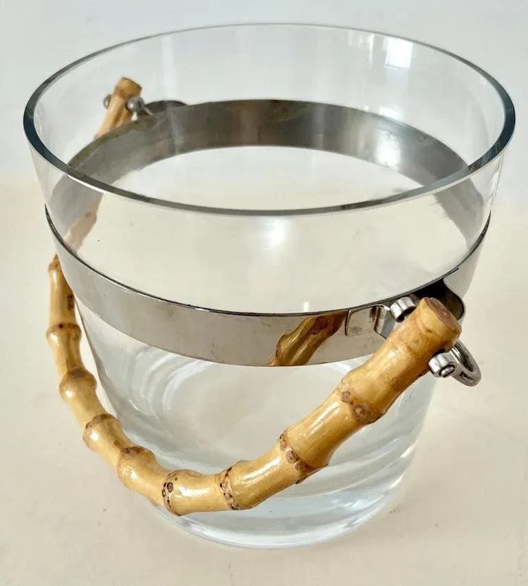 Glass Ice Bucket with Silver Stripe and Bamboo Handle in Style of Ralph Lauren - 4