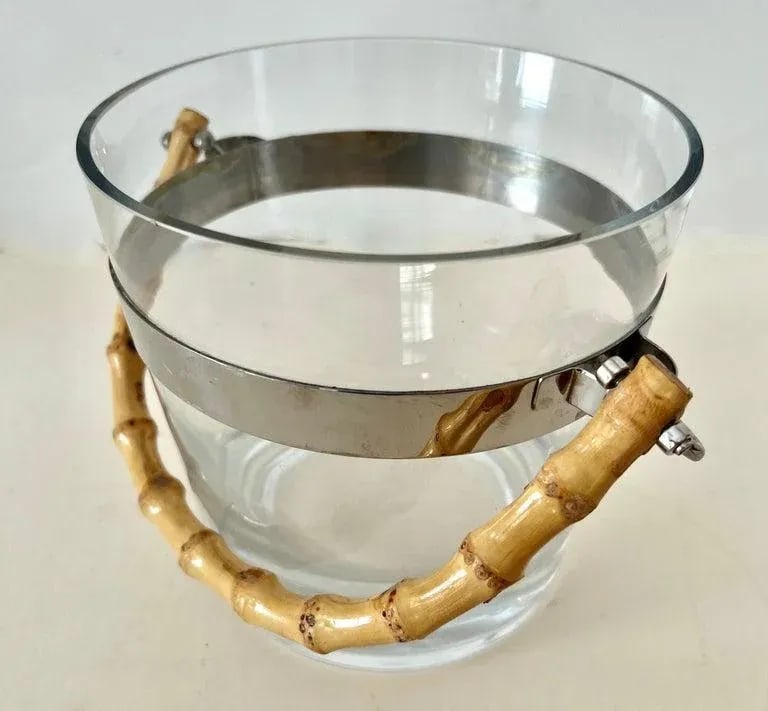 Glass Ice Bucket with Silver Stripe and Bamboo Handle in Style of Ralph Lauren - 5