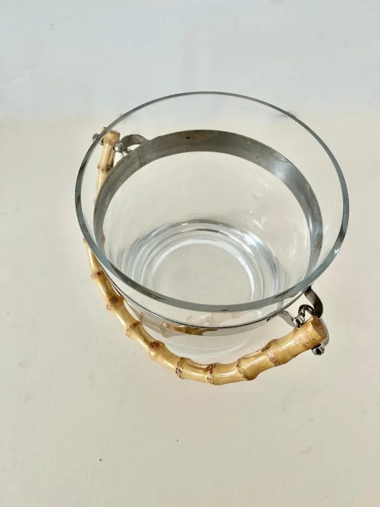 Glass Ice Bucket with Silver Stripe and Bamboo Handle in Style of Ralph Lauren - 6