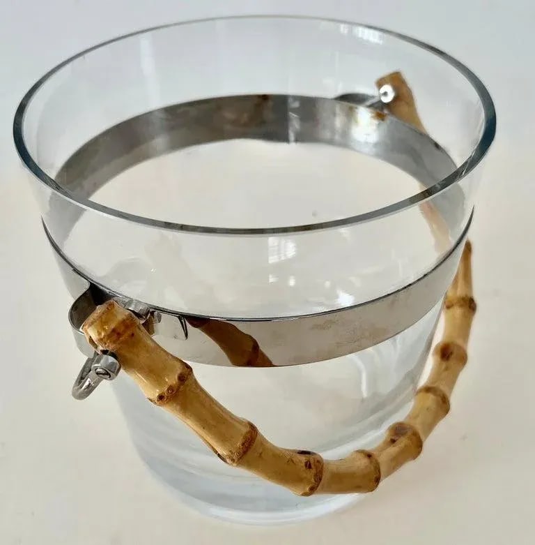 Glass Ice Bucket with Silver Stripe and Bamboo Handle in Style of Ralph Lauren - 7