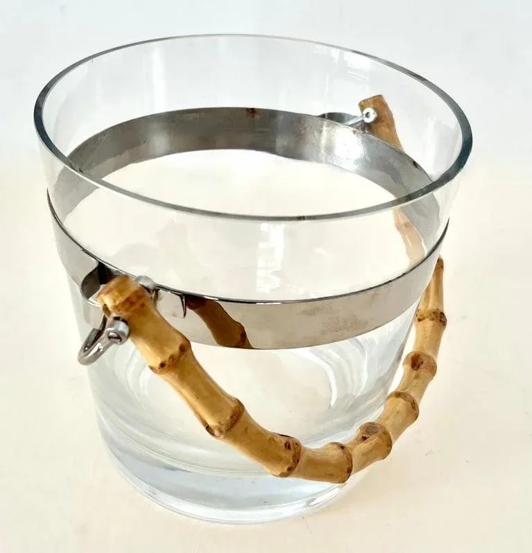 Glass Ice Bucket with Silver Stripe and Bamboo Handle in Style of Ralph Lauren - 8