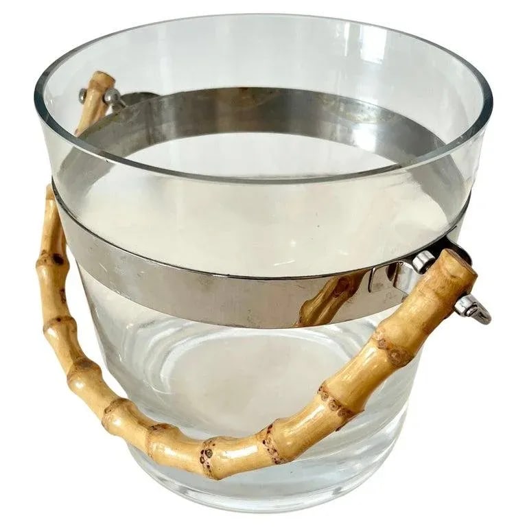 Glass Ice Bucket with Silver Stripe and Bamboo Handle in Style of Ralph Lauren - 9