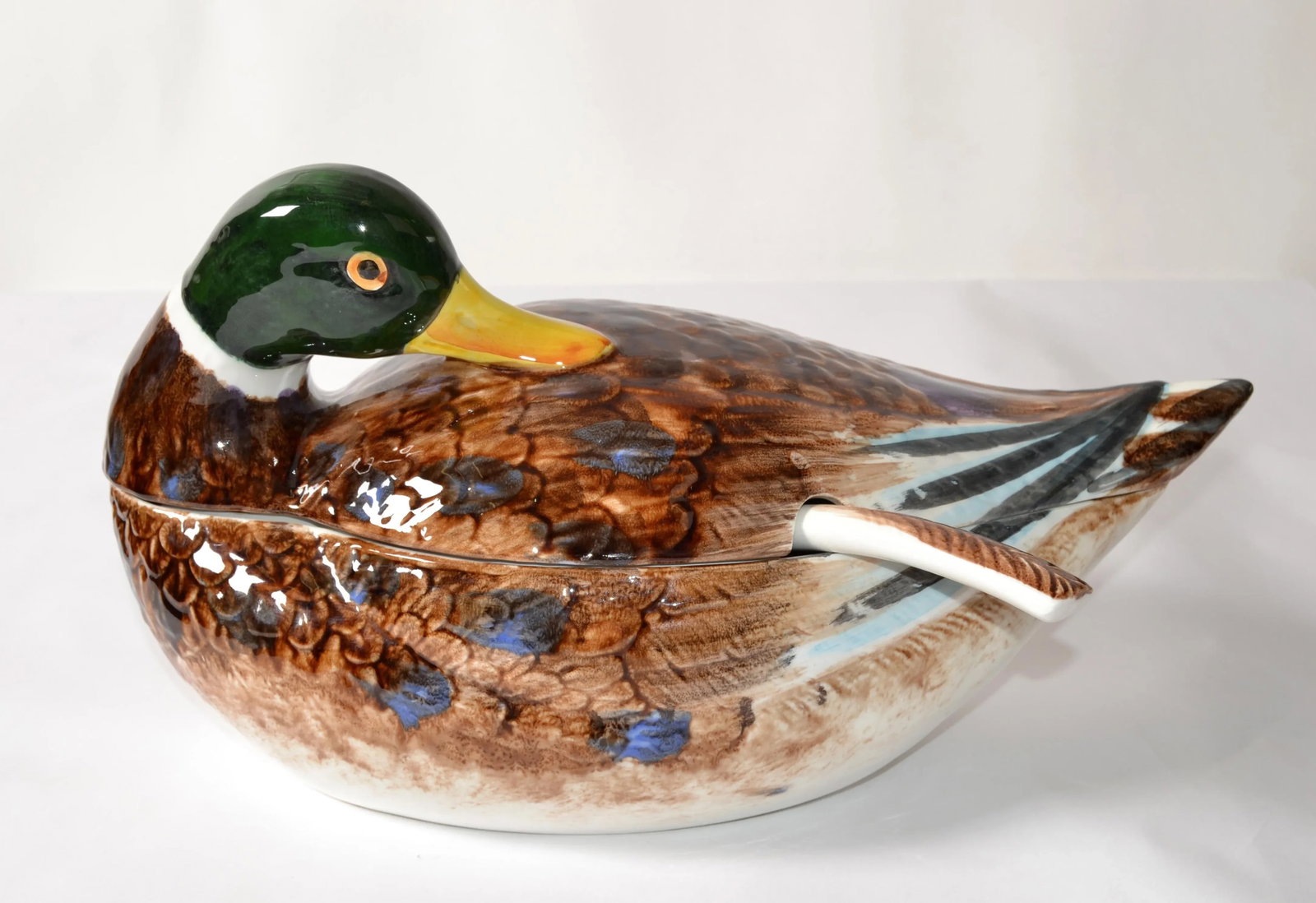 1970s Mallard Duck Raymor Majolica Ceramic Style Soup Tureen Ladle Mancer Italy - 13
