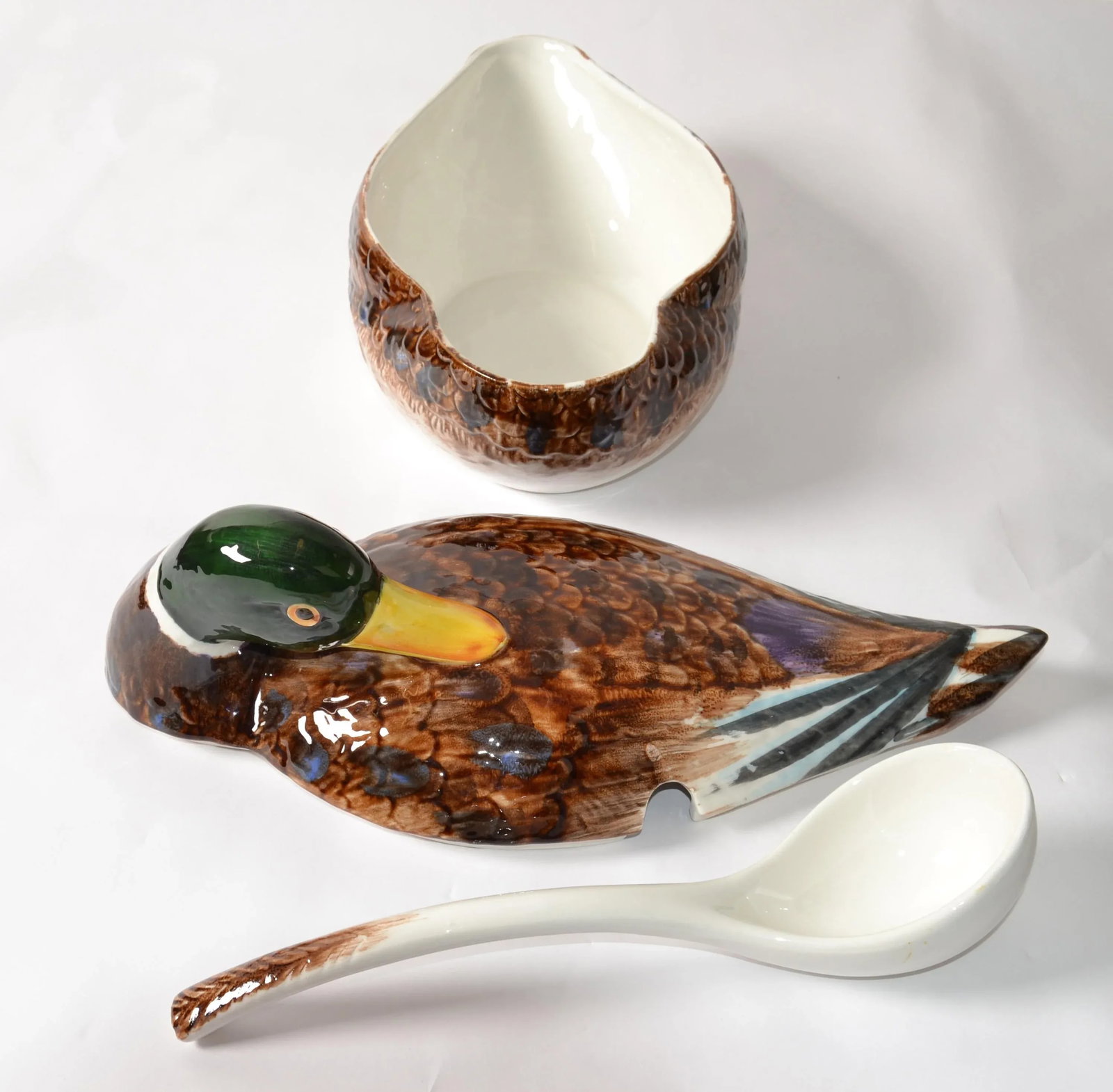 1970s Mallard Duck Raymor Majolica Ceramic Style Soup Tureen Ladle Mancer Italy - 2