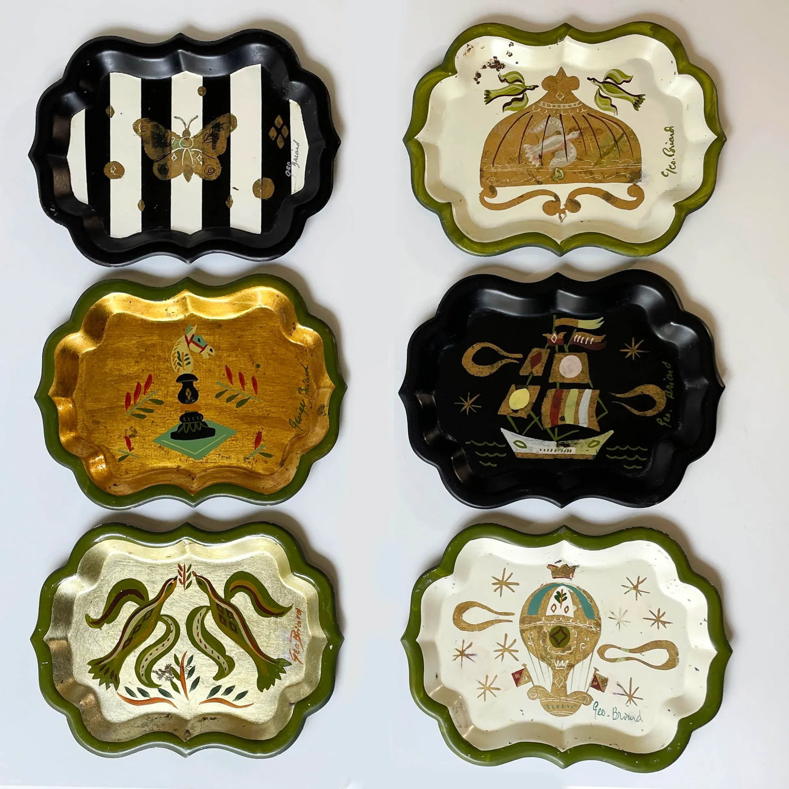 Set of 6 Georges Briard Small Trays - Hand Painted and Gilt Highlights - 10